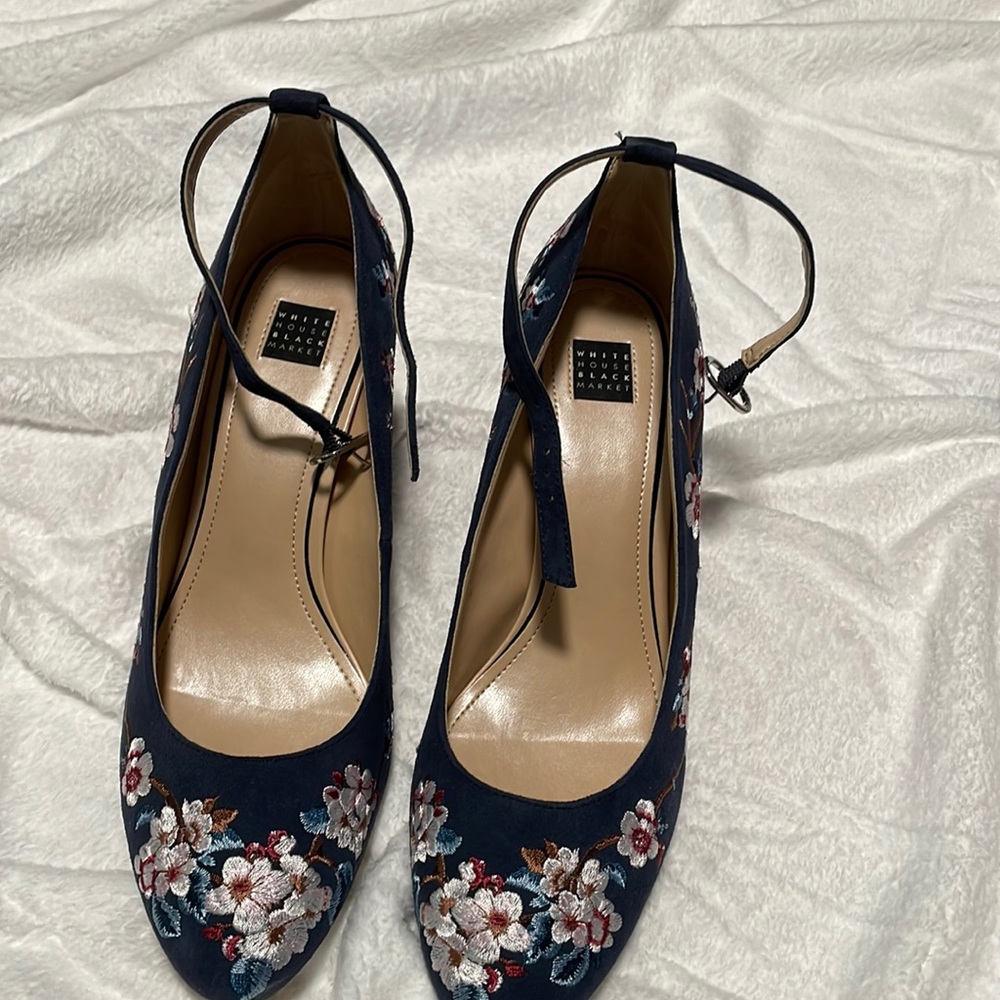 New in box blue ankle strap heels with embroidered floral detailing